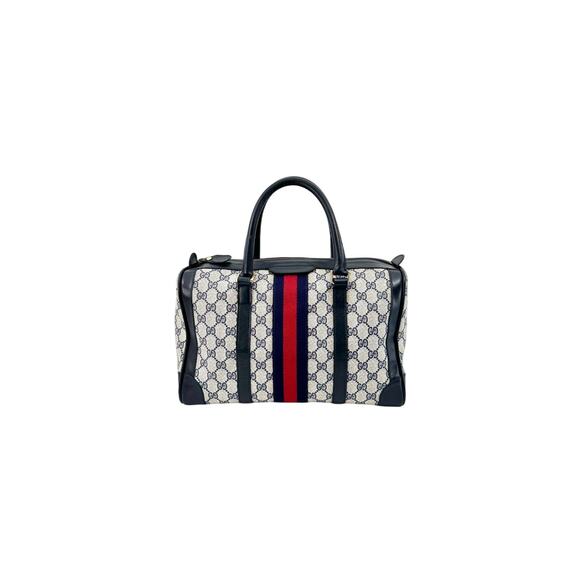 Gucci Vintage Boston Bag Sherry GG Navy PVC Leather Authentic - Picture 1 of 11